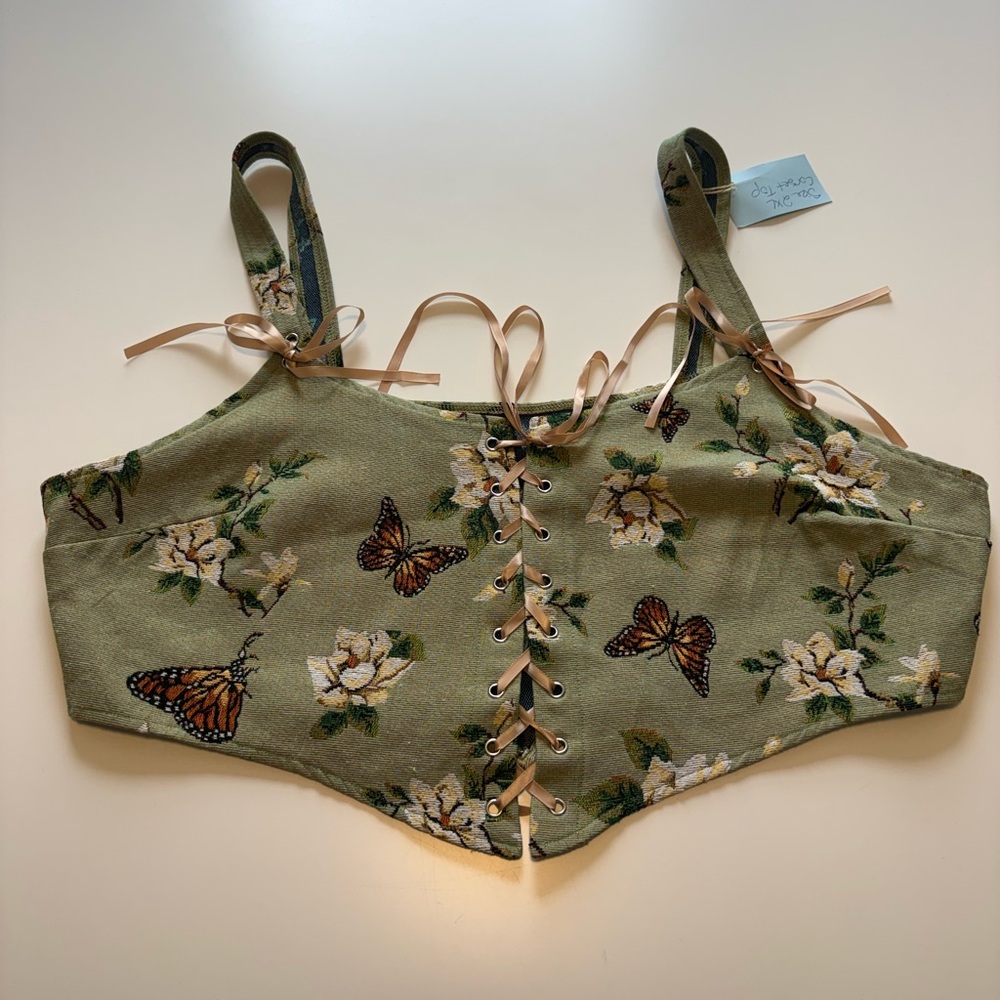 Cider Teal and Olive Floral-Print Crop Top